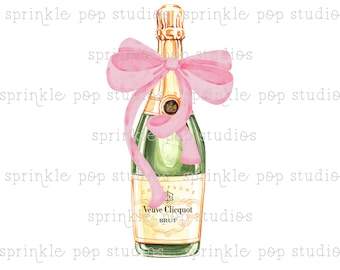 Watercolor Champagne Bottle with Pink Bow | Watercolor Design | Preppy Design | Sublimation Design | Grandmillennial Clipart PNG