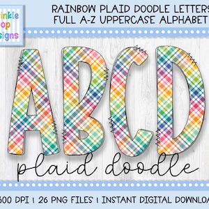 Doodle Alphabet | Rainbow Plaid Doodle Letters | Alphabet Clipart Png | Sublimation and Heat Press Designs