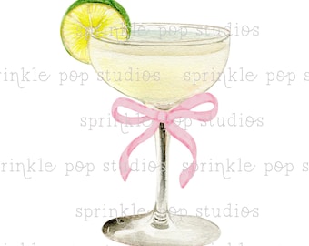 Watercolor Coquette Margarita with Pink Bow | Watercolor Design | Preppy Design | Sublimation Design | Grandmillennial Clipart PNG
