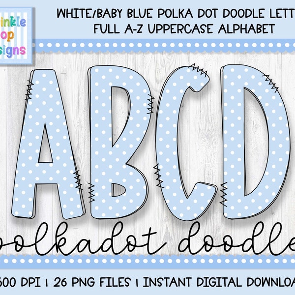 Doodle Alphabet | White Polkadots on Baby Blue Doodle Letters | Alphabet Clipart Png | Sublimation and Heat Press Designs