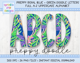 Doodle Alphabet | Preppy Royal Blue and Green Doodle Letters | Alphabet Font Clipart Png | Sublimation and Heat Press Designs