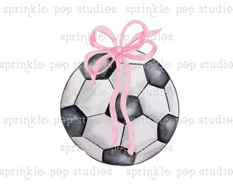 Watercolor Soccer Ball with Pink Bow | Watercolor Design | Preppy Design | Sublimation Design | Grandmillennial Clipart PNG