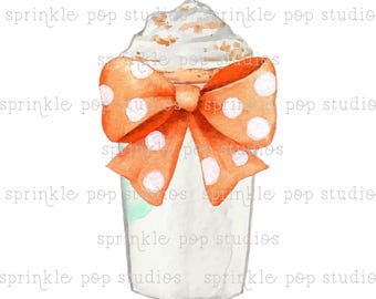 Watercolor Pumpkin Spice Latte with Polka Dot Bow | Watercolor Design | Preppy Design | Sublimation Design | Grandmillennial Clipart PNG