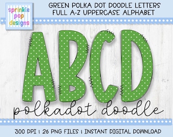 Doodle Alphabet | Green Polkadot Doodle Letters | Alphabet Font Clipart Png | Sublimation and Heat Press Designs