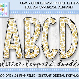 Doodle Alphabet | Gray and Gold Glitter Leopard Doodle Letters | Alphabet Font Clipart Png | Sublimation and Heat Press Designs