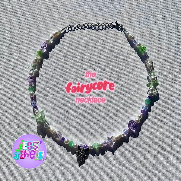 Lilac and Green Fairycore Necklace - Beads & Imitation Pearl Y2K Pinterest Maximalism Aesthetic Mismatched Beaded Necklace / Choker