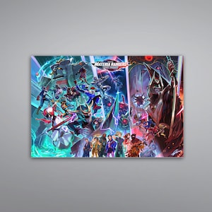 May include: A vibrant poster featuring a dynamic illustration of Materia Rangers. The artwork showcases numerous characters in action poses, with a mix of futuristic and fantasy elements. The color palette includes blues, greens, and reds, creating a visually striking composition.