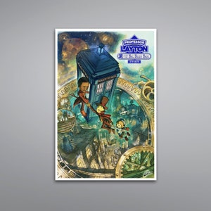 Könnte beinhalten: Eine farbenfrohe Illustration von Professor Layton und Luke aus der Videospielserie Professor Layton und die blaue Box. Die Illustration zeigt eine blaue Polizeikabine, Zahnräder und einen sternenklaren Nachthimmel.