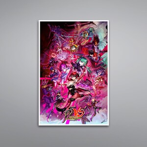 May include: A colorful illustration of characters from the video games "Persona" and "Darkstalkers" fighting. The image is set against a pink and purple background with a white border. The text "PERSONA VS DARKSTALKERS" is in the center of the image.