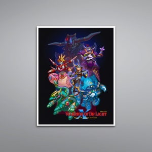 May include: A poster featuring a group of colorful characters from the video game "Warrior of Dr. Light: Mega Man X Real Fantasy". The characters are posed in a dynamic action scene against a dark background.