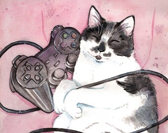 Gamer Cat Kitty Art Print Watercolor 8.5 x 11