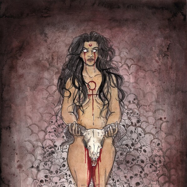 Feminine Rage 8.5x11 Watercolor Painting Print, Uterus Art, Ram Skull and Original Painting