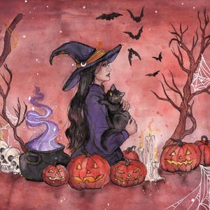 Samhain Witch All Hallows Eve 8.5 x 11 print AND ORIGINAL PAINTING 9 x 12 watercolor art halloween