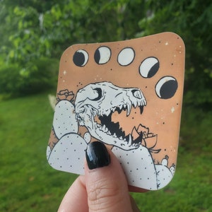 Coyote Skull with Prickly Pear Cactus and Moon Phases Sticker 3" x 3"