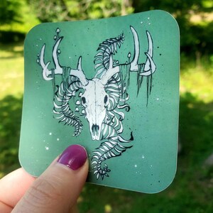 Deer Skull with Fern and Mushrooms Sticker 3&quot;x3&quot; matte mirror