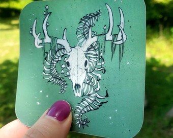 Deer Skull with Fern and Mushrooms Sticker 3"x3" matte mirror