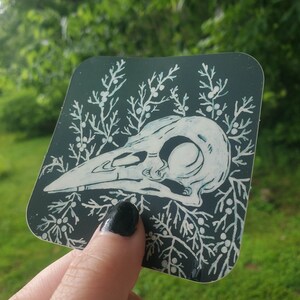 Raven Skull in Juniper Branches Sticker 3&quot; x 3&quot;