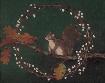 ORIGINAL PAINTING Oak and Squirrel Acrylic 11"x14"