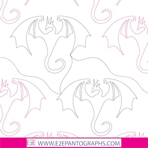 May include: A seamless pattern featuring black and pink outline drawings of dragons with wings and curled tails. The dragons are facing forward with their heads tilted up.