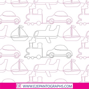 Puede incluir: Un patrón sin costuras que presenta contornos de varios vehículos, incluyendo un tren, un coche, un avión y un velero. El diseño es en blanco y negro, creando una estética simple y moderna.