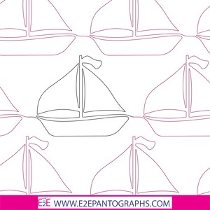 Puede incluir: Un patrón de dibujo de línea en blanco y negro de veleros con un fondo blanco. Los veleros están todos orientados en la misma dirección y tienen un diseño simple.