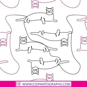 May include: A black and white line drawing of a repeating pattern of cats sleeping in various positions. The cats are drawn in a simple, minimalist style. The background is white.