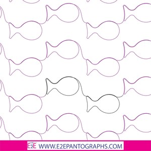 Puede incluir: Un patrón sin costuras de siluetas de peces morados y negros. Los peces están delineados en una sola línea y están dispuestos en un patrón repetitivo. El fondo es blanco.