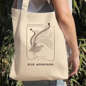 Aussie Birds Tote Bag, Cotton Canvas Superb Lyrebird Tote, Natural Songbird Tote Bag, Hand-Drawn Artwork