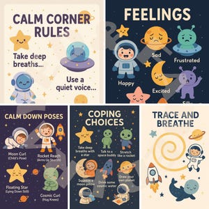 Peut inclure: Plusieurs affiches éducatives colorées avec des illustrations sur le thème de l'espace. Les affiches couvrent des sujets tels que les règles du coin calme, les sentiments, les poses de calme, les choix d'adaptation et les exercices de traçage et de respiration.