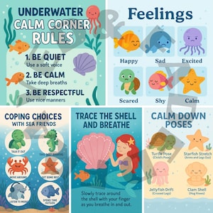 Könnte beinhalten: Ein farbenfrohes Lehrplakat mit Unterwassermotiv. Es zeigt Illustrationen von Meereskreaturen und Text über Gefühle, Entspannungsübungen und Bewältigungsstrategien. Das Plakat enthält den Text "Underwater Calm Corner Rules".