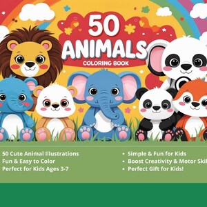 Printable Coloring Book for Kids - Cute Animals | 50 Pages | Instant Download | A4 Size | PDF & JPG Files |
