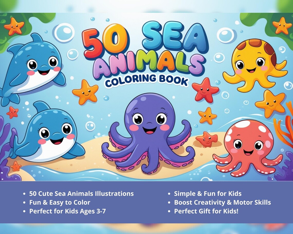 Printable Coloring Book for Kids - Cute Sea Animals | 50 Pages ...