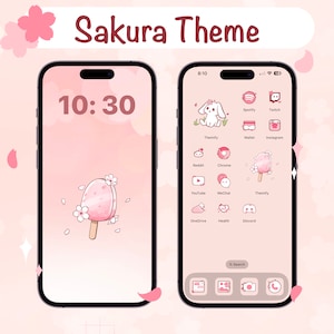 Könnte beinhalten: Ein rosa und weißer Telefonbildschirm mit einem Sakura-Thema. Der Startbildschirm zeigt ein rosa und weißes Eis am Stiel mit Kirschblüten. Die App-Symbole sind rosa und weiß mit einem Cartoon-Hasen oben links. Die Uhrzeit ist 10:30.