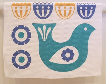 Scandinavian Bird, Fish and Flowers MIcrofiber Kitchen Towel, Dish Towel, Tea Towel