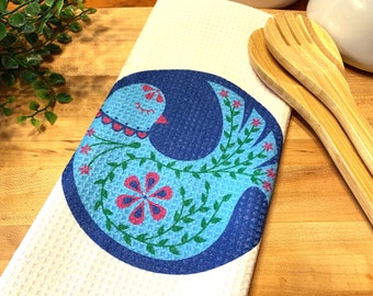 Scandinavian Bird Blue Floral Microfiber Kitchen Towel
