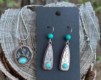 Rustic cactus earrings and necklace set with turquoise accent