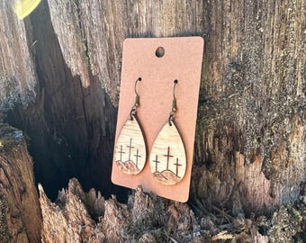 Hand Made Woodburned Cross Earrings
