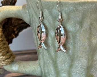 Silver Fish Cross Earrings – Sterling Silver Hypoallergenic Hooks, 3/4 Inch Christian Faith Jewelry, Rustic Outdoor Style