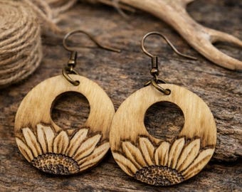 Hand Made Woodburned Sunflower Earrings