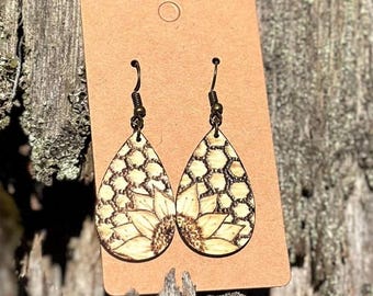 Hand Made Woodburned Sunflower Earrings