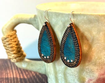 Teal Wood Burned Earrings | Rhinestone Sterling Silver Hooks