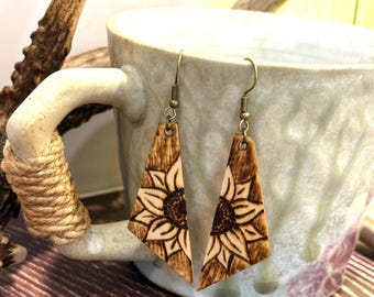 Hand Made Woodburned Sunflower Earrings