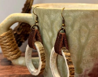 Idaho Elk Antler Earrings – Genuine Leather Rustic Drop Earrings, Hypoallergenic Bronze Hooks, Nature Inspired Jewelry