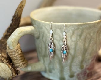 Silver Feather Earrings with Turquoise & White Beads – Sterling Silver Hypoallergenic Hooks 3/4-Inch Rustic Nature Jewelry