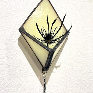 May include: A geometric stained glass hanging decoration. The diamond-shaped piece features a creamy yellow glass and black metal framing. A black, spiky plant is nestled inside, suspended by a chain.