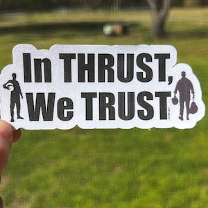 May include: A white sticker with black text and silhouettes of two people. The text reads "In Thrust, We Trust".