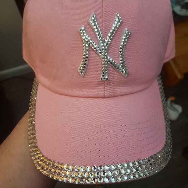 NY Yankees, Bedazzled Womans Baseball Cap, Pink Yankees Hat, Rhinestone Pink New York Yankees Cap, Rhinestones, Sports Fan