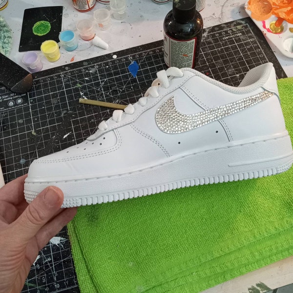 Custom Nike Air Force 1s with Rhinestone Swoosh, Crystal Nike Air Forces, Hand placed, blinged, Nike Check, Swarovski style crystals