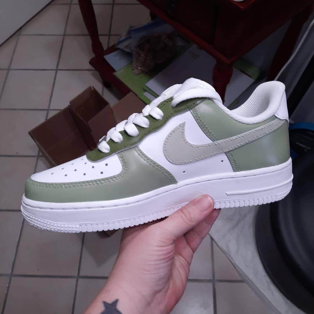 Nike Air Force 1 Custom Sneakers Low Two Tone Army Military Green White  Shoes