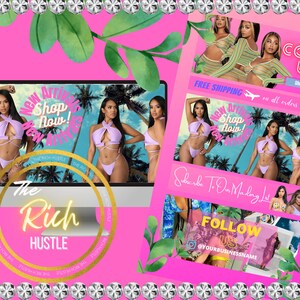 May include: A pink and white graphic with the text "The Rich Hustle" in a circle. The graphic also includes a computer screen with a tropical background and women wearing swimwear. The text "Shop Now!" is in a circle on the screen. The text "Subscribe To Our Mailing List" and "Follow Us" are also included in the graphic.